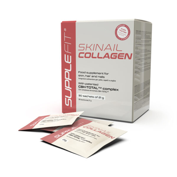 SKINAIL COLLAGEN je doplněk stravy navržený pro zdraví a krásu pleti, vlasů a nehtů, charakterizovaný příjemnou příchutí broskve. Obohacený o vitamíny skupiny B a zinek, doplněk vděčí za svou zvláštní účinnost patentovanému komplexu CBH-TOTAL™ na bázi kolagenu a rostlinných extraktů. Tento komplex, vyvinutý v našich laboratořích pro podporu normální údržby pleti, vlasů a nehtů, obsahuje: extrakty z borůvek a hroznů, které působí na mikrocirkulaci a přispívají k okysličení tkání; extrakty z granátového jablka, třešně (z místního zdroje) a acai, které mají antioxidační účinky, pomáhají předcházet stárnutí pleti; vitamín C, který podporuje tvorbu kolagenu, nezbytného pro normální funkci pleti.
