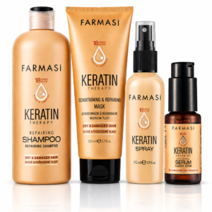 FARMASI Keratin Therapy – kompletní péče pro suché a poškozené vlasy Dopřejte svým vlasům intenzivní regeneraci s řadou FARMASI Keratin Therapy, která je navržena pro péči o suché, oslabené a poškozené vlasy. Kompletní sada obsahuje regenerační šampon, pečující masku, keratinový sprej a vlasové sérum, které společně pomáhají zlepšit vzhled vlasů, usnadnit jejich rozčesávání a dodat jim hebkost, lesk a upravený vzhled. Složení je inspirované keratinovou péčí a je vhodné pro vlasy namáhané tepelnou úpravou, barvením i každodenním stylingem. Šampon jemně čistí, maska intenzivně vyživuje, sprej usnadňuje úpravu vlasů a sérum pomáhá uhladit vlasové délky i konečky bez zatížení. Výsledkem jsou vlasy, které působí zdravěji, hladčeji a pěstěněji. Tato keratinová řada je ideální pro každého, kdo hledá komplexní vlasovou péči v jednom režimu a chce vlasům vrátit pružnost, jemnost a krásný vzhled. Hlavní výhody: kompletní péče o suché a poškozené vlasy pomáhá zlepšit vzhled vlasů a dodat jim hebkost usnadňuje rozčesávání a následný styling pomáhá uhladit vlasové délky a konečky vhodné pro pravidelnou péči o namáhané vlasy