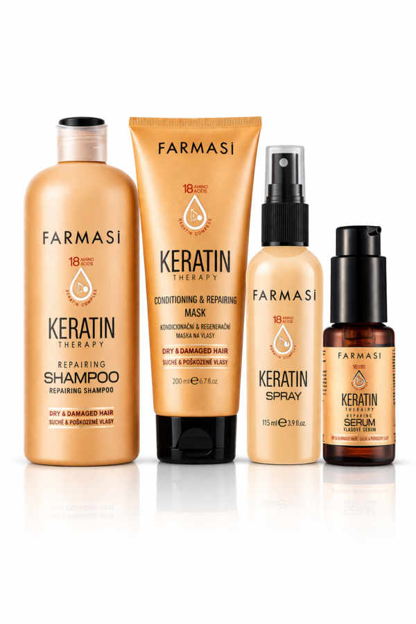 FARMASI Keratin Therapy haircare set FARMASI Keratin Therapy – kompletní péče pro suché a poškozené vlasy Dopřejte svým vlasům intenzivní regeneraci s řadou FARMASI Keratin Therapy, která je navržena pro péči o suché, oslabené a poškozené vlasy. Kompletní sada obsahuje regenerační šampon, pečující masku, keratinový sprej a vlasové sérum, které společně pomáhají zlepšit vzhled vlasů, usnadnit jejich rozčesávání a dodat jim hebkost, lesk a upravený vzhled. Složení je inspirované keratinovou péčí a je vhodné pro vlasy namáhané tepelnou úpravou, barvením i každodenním stylingem. Šampon jemně čistí, maska intenzivně vyživuje, sprej usnadňuje úpravu vlasů a sérum pomáhá uhladit vlasové délky i konečky bez zatížení. Výsledkem jsou vlasy, které působí zdravěji, hladčeji a pěstěněji. Tato keratinová řada je ideální pro každého, kdo hledá komplexní vlasovou péči v jednom režimu a chce vlasům vrátit pružnost, jemnost a krásný vzhled. Hlavní výhody: kompletní péče o suché a poškozené vlasy pomáhá zlepšit vzhled vlasů a dodat jim hebkost usnadňuje rozčesávání a následný styling pomáhá uhladit vlasové délky a konečky vhodné pro pravidelnou péči o namáhané vlasy