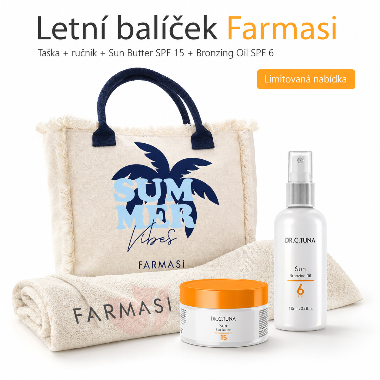 Letní balíček Farmasi – taška, ručník a opalovací péče